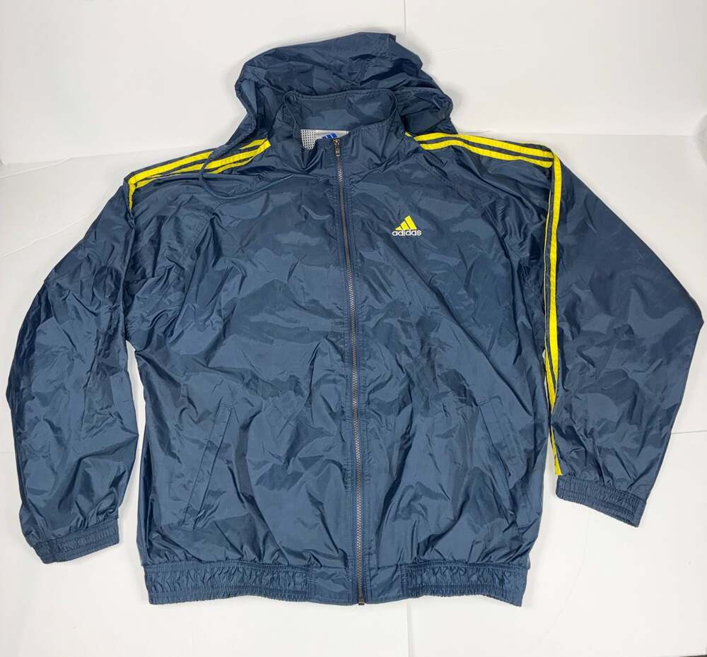 Vintage 90s Adidas Men Hooded Windbreaker Track Navy Blue and Yellow Size L
